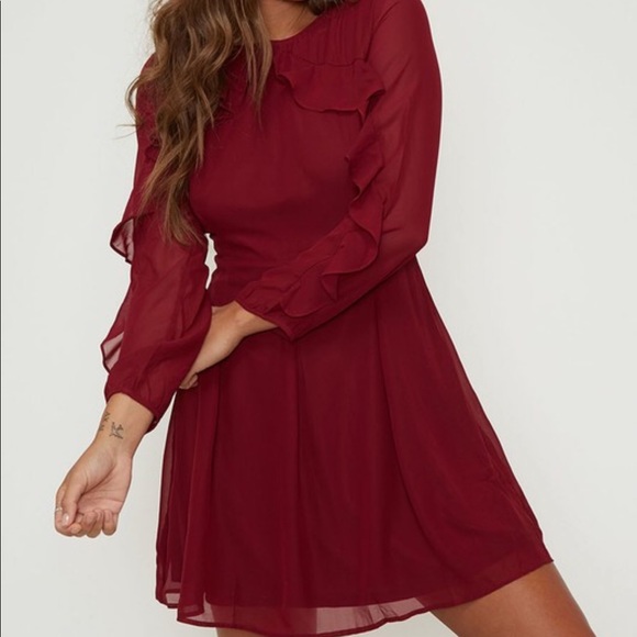 Burgundy Long Sleeve Ruffled Detail Dress - Picture 4 of 6